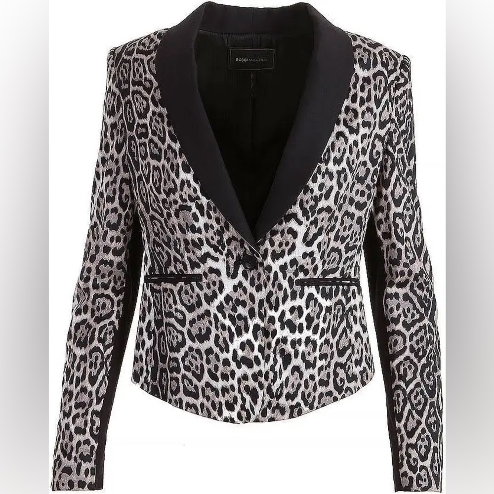 BCBG Maxazria Bowie Leopard Print Blazer Black Single Button Statement Jacket